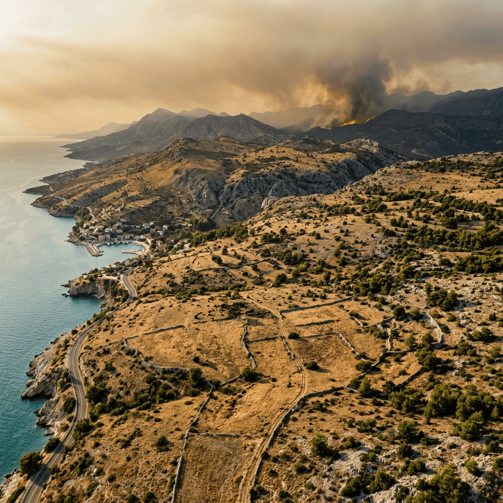 Rugged coastline, village, and mountains with wildfire smoke and flames