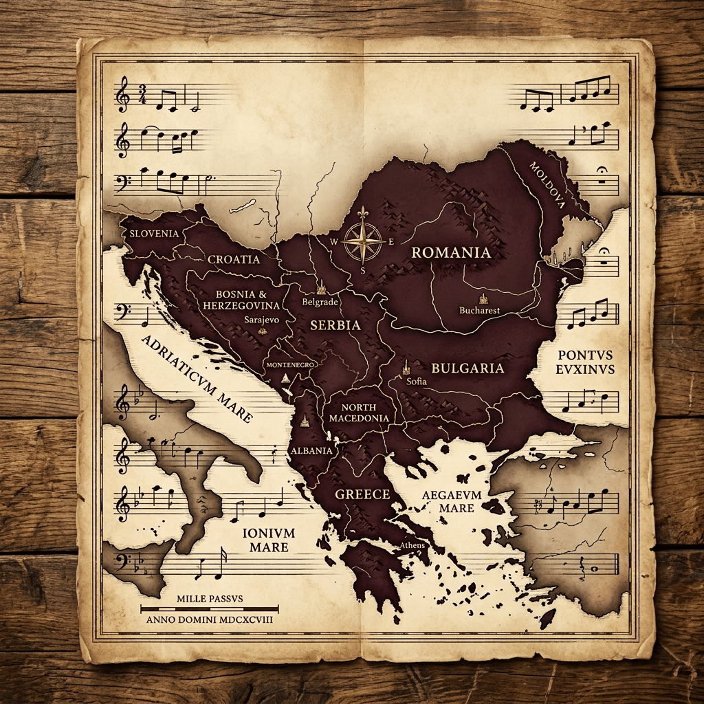 BALKANIAE TABULA MUSICALIS map of Slovenia, Croatia, Bosnia and Herzegovina, Serbia, Romania, Bulgaria, North Macedonia, Albania, Greece, Moldova, Montenegro, and the Adriatic, Ionian, and Aegean seas.