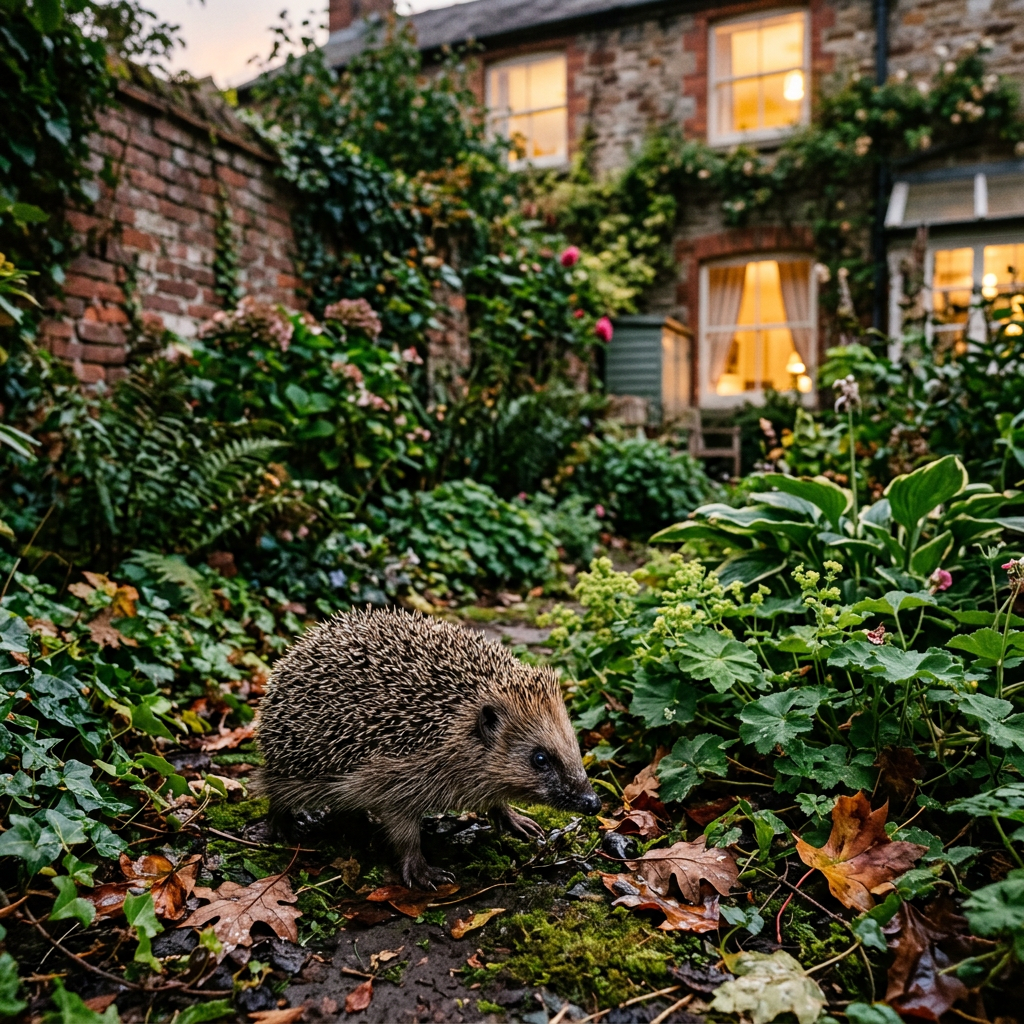 Hedgehog exploring a leafy garden outside a stone cottage