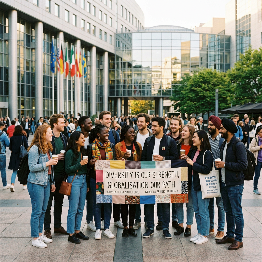 Diverse group holding a sign reading “DIVERSITY IS OUR STRENGTH, GLOBALISATION OUR PATH.”